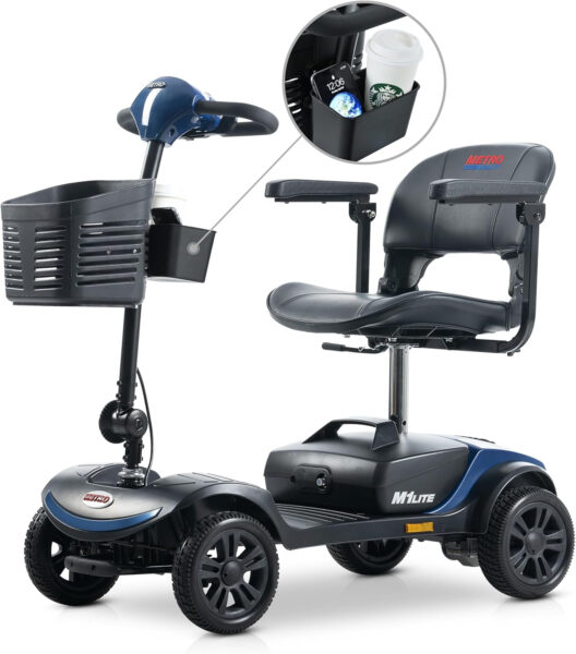 Metro Mobility M1 Lite Folding Mobility Scooter for Seniors, Blue, Removable Seat & Backrest