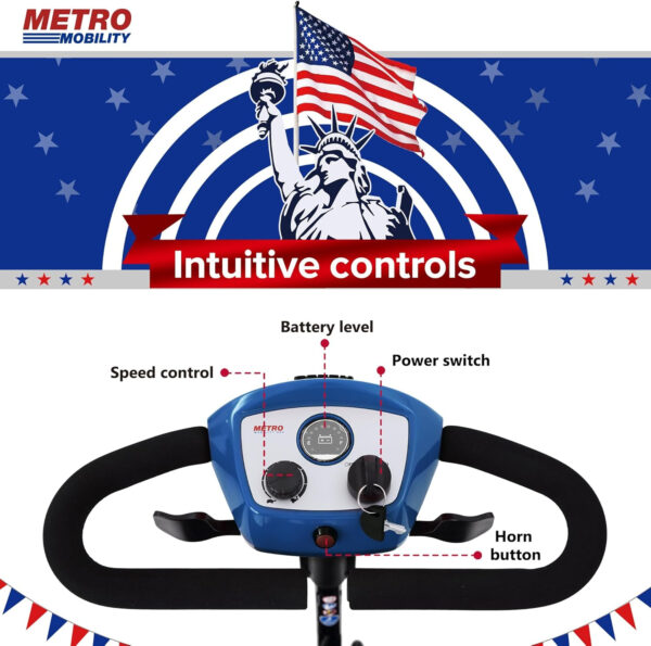 Metro Mobility M1 Lite Folding Mobility Scooter for Seniors, Blue, Removable Seat & Backrest