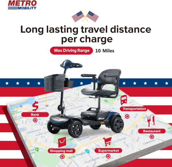 Metro Mobility M1 Lite Folding Mobility Scooter for Seniors, Blue, Removable Seat & Backrest