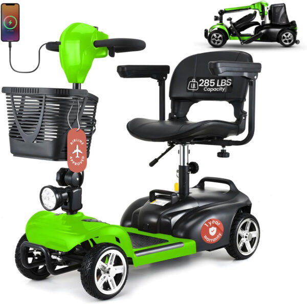 DECOMIL Portable Mobility Scooter for Seniors, Foldable Electric Powered Scooter. 285 LBS Capacity, Medical Travel Scooter for Adults, 4 Wheels, Lightweight(85 lbs) (Green)