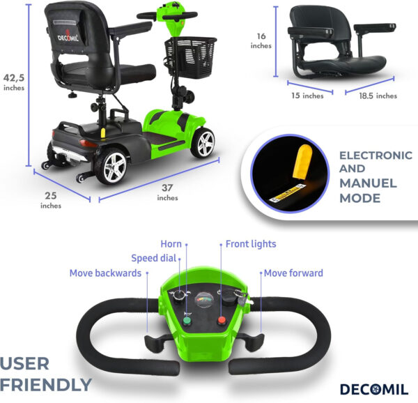 DECOMIL Portable Mobility Scooter for Seniors, Foldable Electric Powered Scooter. 285 LBS Capacity, Medical Travel Scooter for Adults, 4 Wheels, Lightweight(85 lbs) (Green)