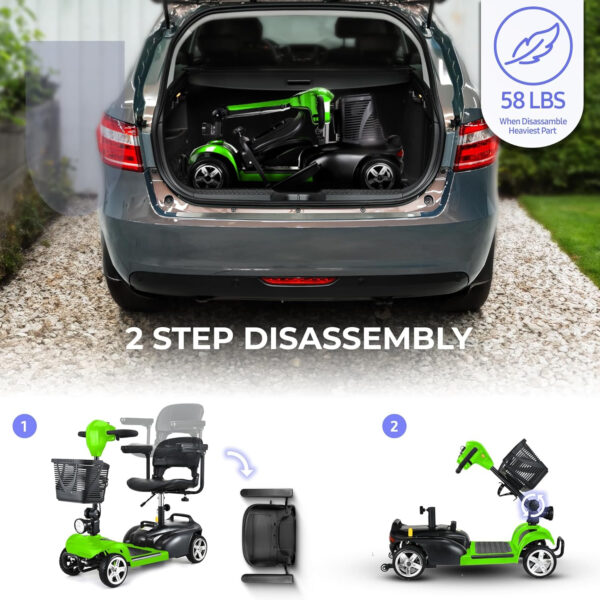 DECOMIL Portable Mobility Scooter for Seniors, Foldable Electric Powered Scooter. 285 LBS Capacity, Medical Travel Scooter for Adults, 4 Wheels, Lightweight(85 lbs) (Green)