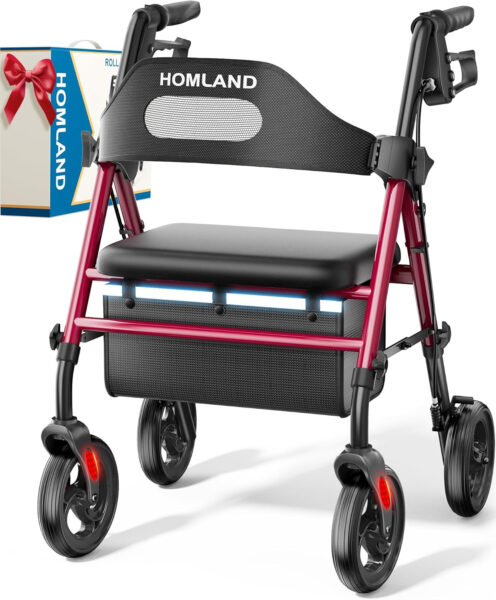 Foldable Rollator Walkers with Seat for Seniors, 8” Big Wheels, 350 lb. Weight Capacity, Adjustable Handles and Seat Height, Lightweight Rolling Walker, Red