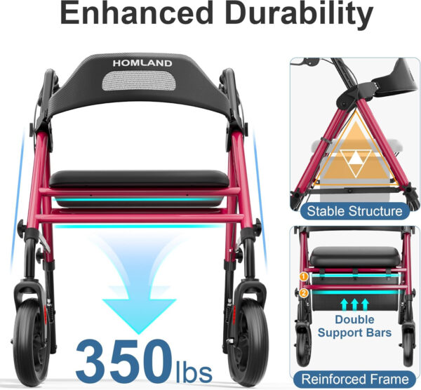 Foldable Rollator Walkers with Seat for Seniors, 8” Big Wheels, 350 lb. Weight Capacity, Adjustable Handles and Seat Height, Lightweight Rolling Walker, Red