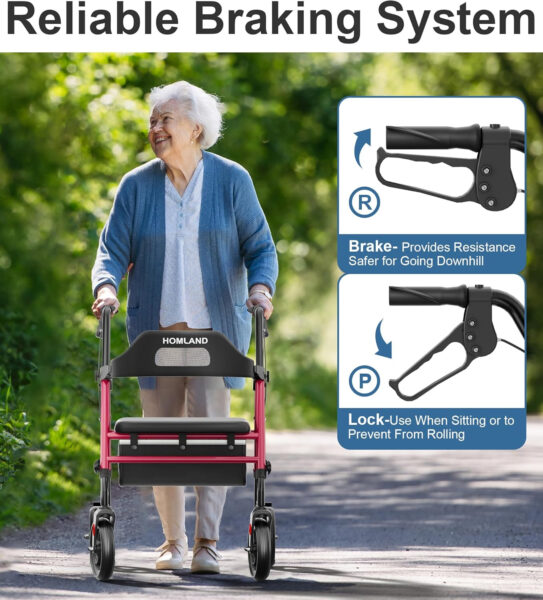 Foldable Rollator Walkers with Seat for Seniors, 8” Big Wheels, 350 lb. Weight Capacity, Adjustable Handles and Seat Height, Lightweight Rolling Walker, Red