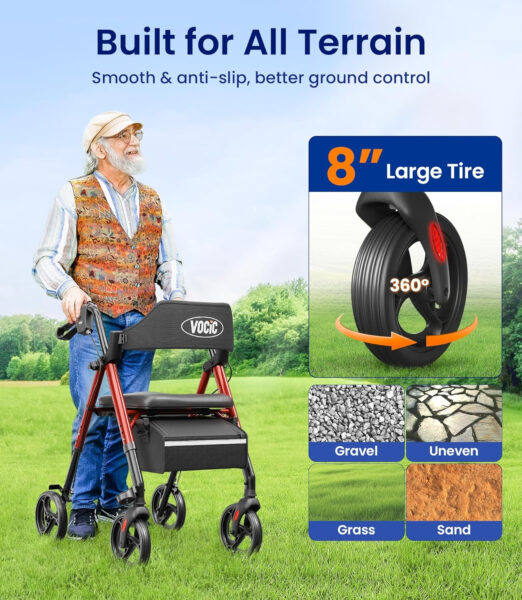 Walkers for Seniors, Z21 Rollator Walker with Seat Supports 350lb, 8″ Big Wheels for All Terrain, Ergonomic Arc Seat & 6″ Ultra Backrest Foldable Walker, Dual Height Adjustment, Lightweight 2025