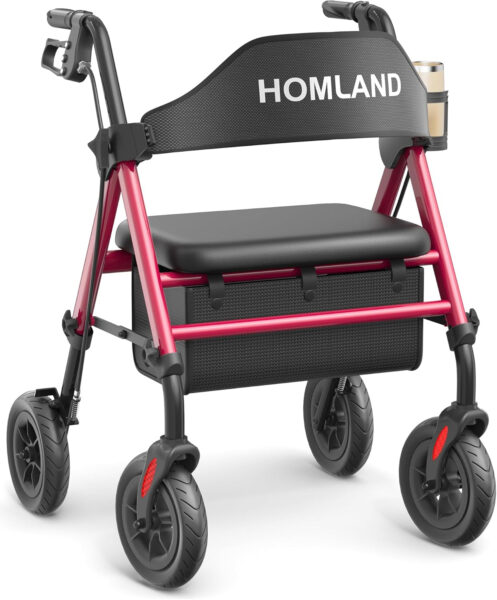 Walkers for Seniors with Seat, Foldable Rollator Walker, Reinforced Aluminum Frame, 8″ Big Rubber Wheels for All Terrain, Height Adjustable Lightweight Rolling Walker