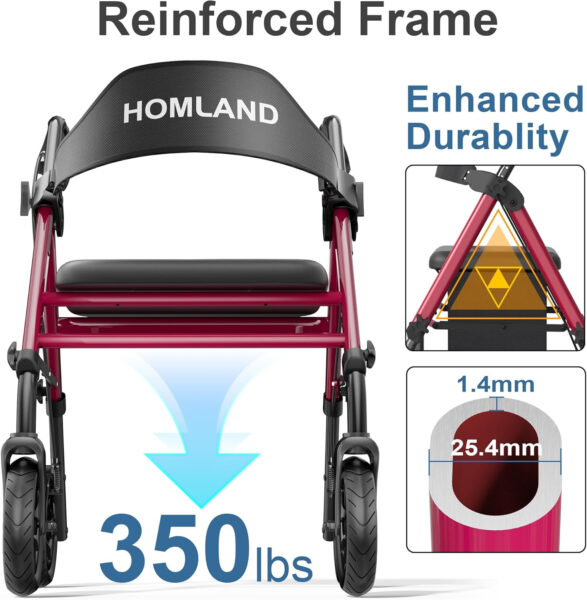 Walkers for Seniors with Seat, Foldable Rollator Walker, Reinforced Aluminum Frame, 8″ Big Rubber Wheels for All Terrain, Height Adjustable Lightweight Rolling Walker