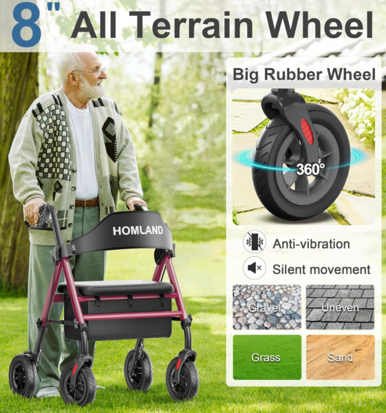 Walkers for Seniors with Seat, Foldable Rollator Walker, Reinforced Aluminum Frame, 8″ Big Rubber Wheels for All Terrain, Height Adjustable Lightweight Rolling Walker