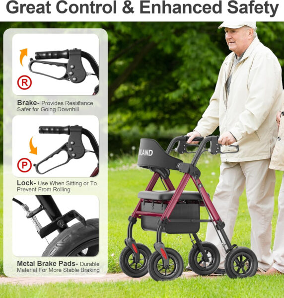 Walkers for Seniors with Seat, Foldable Rollator Walker, Reinforced Aluminum Frame, 8″ Big Rubber Wheels for All Terrain, Height Adjustable Lightweight Rolling Walker