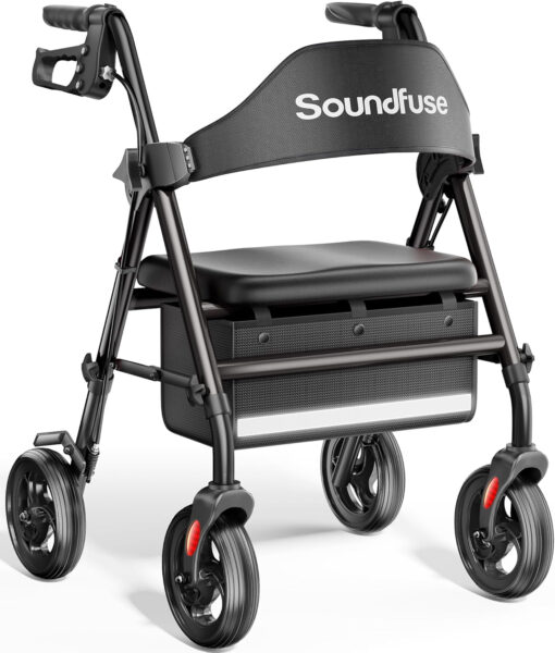 Rollator Walkers with Seat for Seniors, Foldable 8″ Big Wheels All Terrain Rolling Walker, Handles and Ergonomic Seat Height Adjustable, 350 lb, FSA HSA Eligible