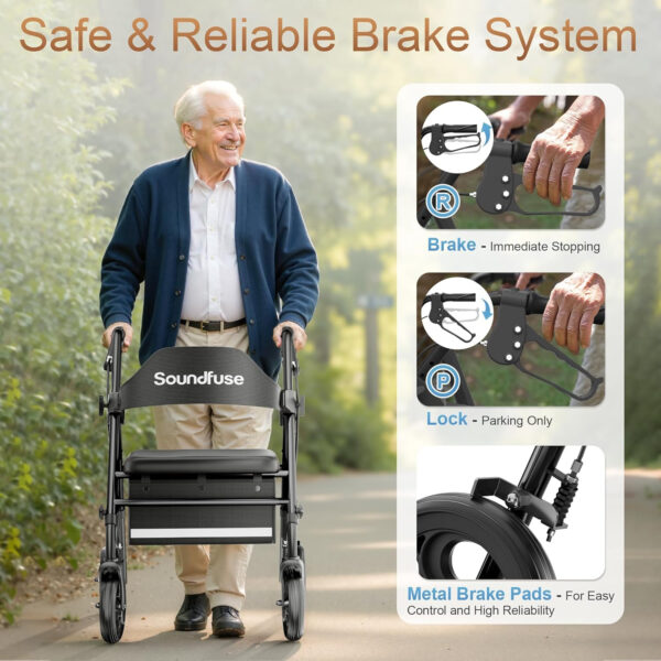 Rollator Walkers with Seat for Seniors, Foldable 8″ Big Wheels All Terrain Rolling Walker, Handles and Ergonomic Seat Height Adjustable, 350 lb, FSA HSA Eligible