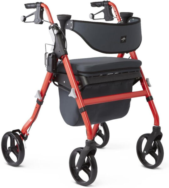 Medline Premium Empower Rollator Walker with Memory Foam Seat, Black & Red, 300 lb. Weight Capacity, 8” Wheels, Microban* Technology, Cupholder, Rolling Walker for Mobility Impairment