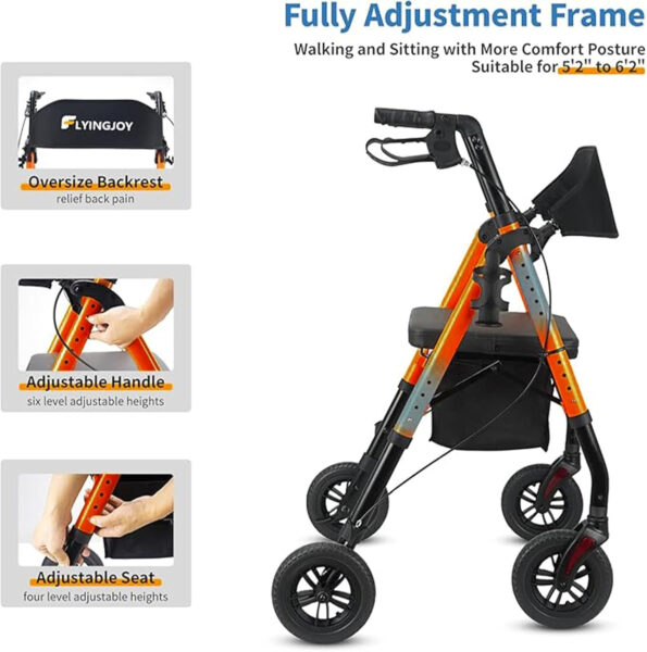 Rollator Walker with Seat and Brakes, 300 lbs Adults Bariatric Walker for Seniors with Extra Wide Backrest, Lightweight Folding Adjustable Height, All Terrain Rolling Walker 8 Inch 4 Wheels