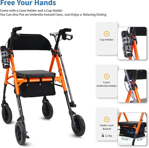 Rollator Walker with Seat and Brakes, 300 lbs Adults Bariatric Walker for Seniors with Extra Wide Backrest, Lightweight Folding Adjustable Height, All Terrain Rolling Walker 8 Inch 4 Wheels