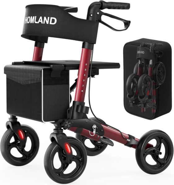 Foldable Walkers for Seniors with Seat, Height Adjustable Rollator Walker, 8″ Big Wheels Rolling Walker for All Terrain, Aluminum Lightweight Walker.
