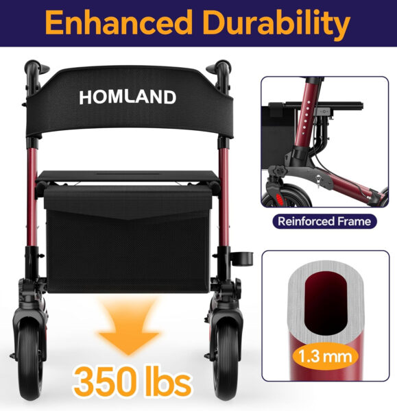 Foldable Walkers for Seniors with Seat, Height Adjustable Rollator Walker, 8″ Big Wheels Rolling Walker for All Terrain, Aluminum Lightweight Walker.