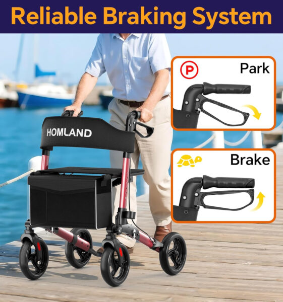 Foldable Walkers for Seniors with Seat, Height Adjustable Rollator Walker, 8″ Big Wheels Rolling Walker for All Terrain, Aluminum Lightweight Walker.