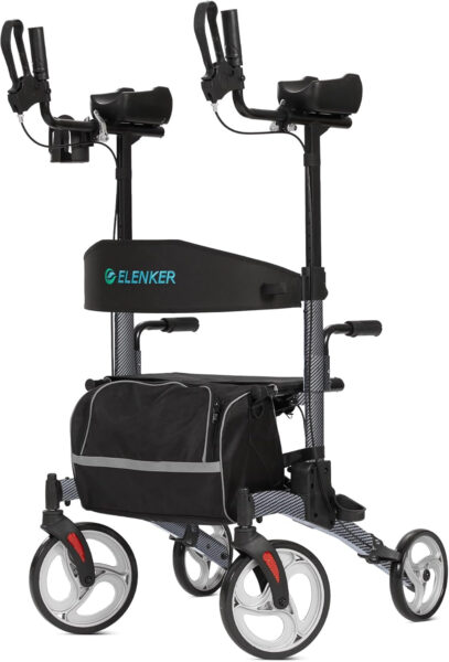 ELENKER Upright Walker, Stand Up Folding Rollator Walker with 10” Front Wheels Backrest Seat and Padded Armrest for Seniors(Carbon Fiber Black)