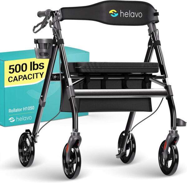 Helavo Bariatric Walker with Large, Height-Adjustable Seat, 500 lbs Weight Capacity, All Terrain 8-inch Wheels, 28-inch Wide – Extra Wide Heavy Duty Rollator for Seniors