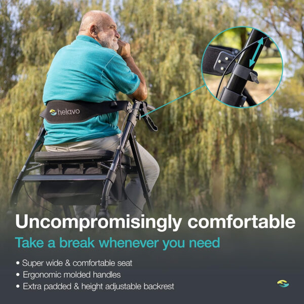 Helavo Bariatric Walker with Large, Height-Adjustable Seat, 500 lbs Weight Capacity, All Terrain 8-inch Wheels, 28-inch Wide – Extra Wide Heavy Duty Rollator for Seniors