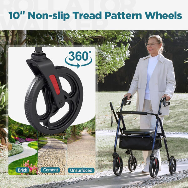 ELENKER Rollator Walker with 10” Wheels, Sponge Padded Seat and Backrest, Fully Adjustment Frame for Seniors, Blue