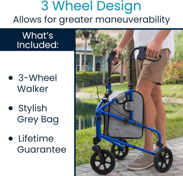 Vive Mobility 3 Wheel Walker – Three Wheeled Rollator for Seniors – Lightweight, Foldable, Narrow, Heavy Duty – for Elderly Men Women – Folding 3-Wheel Tri Scooter with Basket Bag (FSA HSA Approved)