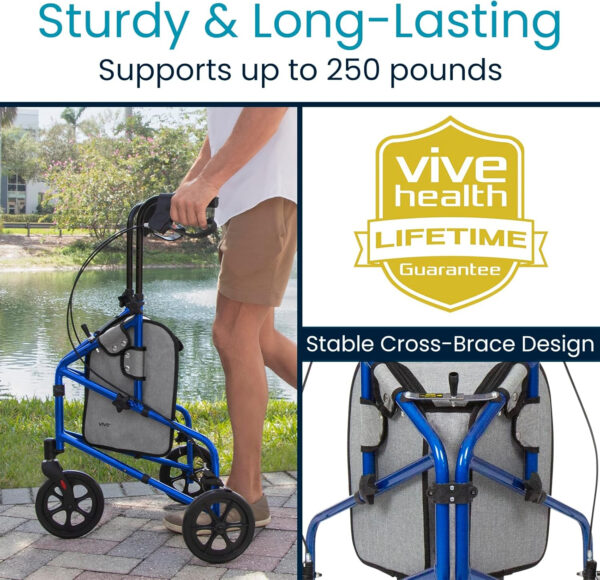 Vive Mobility 3 Wheel Walker – Three Wheeled Rollator for Seniors – Lightweight, Foldable, Narrow, Heavy Duty – for Elderly Men Women – Folding 3-Wheel Tri Scooter with Basket Bag (FSA HSA Approved)
