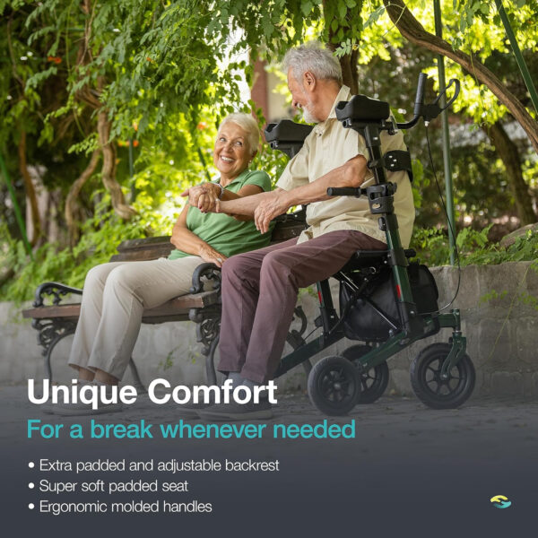 Helavo All Terrain Upright Walker with Flat-Free Solid Rubber Tires – Outdoor Stand Up Walker for Seniors – Tall Standing Rollator with Seat