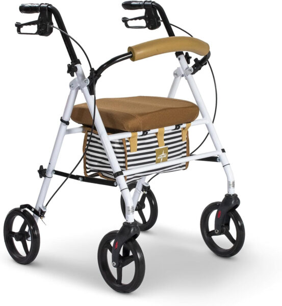 Medline Foldable Steel Rollator with Microban* Protection, 8″ Wheels, Comfortable Seat, 300 lbs, Weight Capacity, White