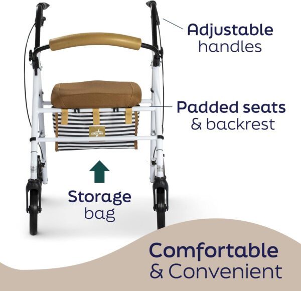 Medline Foldable Steel Rollator with Microban* Protection, 8″ Wheels, Comfortable Seat, 300 lbs, Weight Capacity, White