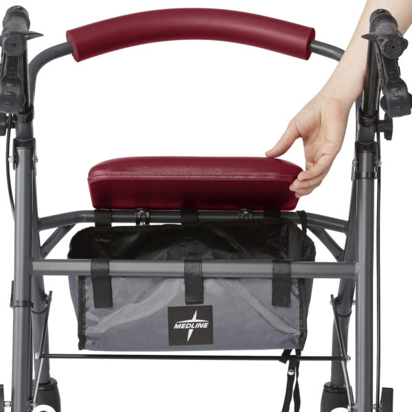 Medline Rollator Walker with Seat and Wheels, Durable Steel Frame Supports up to 300 lbs, 6 inch Wheels, Red