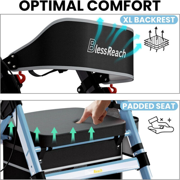 Foldable Rollator Walkers with Seat for Seniors, 450 lb Capacity, 8” Wheels, 18″ Big Seat, 6-Position Adjustable Height, Heavy-Duty Aluminum Rolling Walker (Blue)