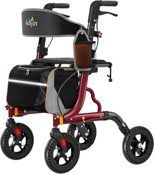 Rollator Walkers for Seniors with Seat, Foldable Walkers for Seniors, 8″ All-Terrain Wheels, 18″ Big Seat, 6-Level Adjustable Height Rolling Walker, 350 lb, Walker for Seniors & Adults (Burgundy)