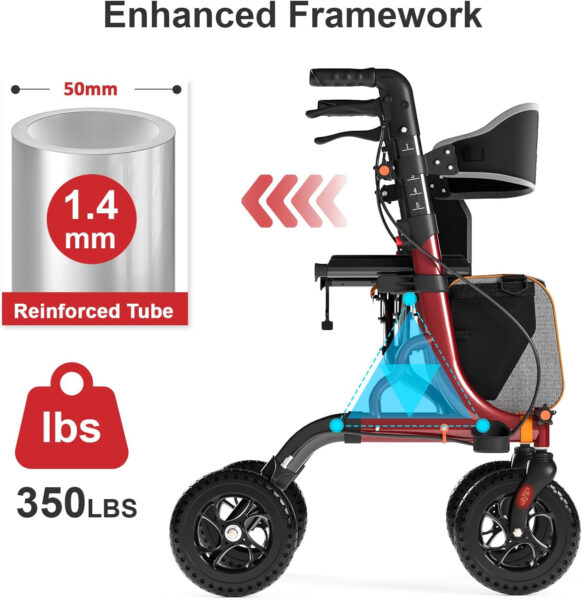 Rollator Walkers for Seniors with Seat, Foldable Walkers for Seniors, 8″ All-Terrain Wheels, 18″ Big Seat, 6-Level Adjustable Height Rolling Walker, 350 lb, Walker for Seniors & Adults (Burgundy)