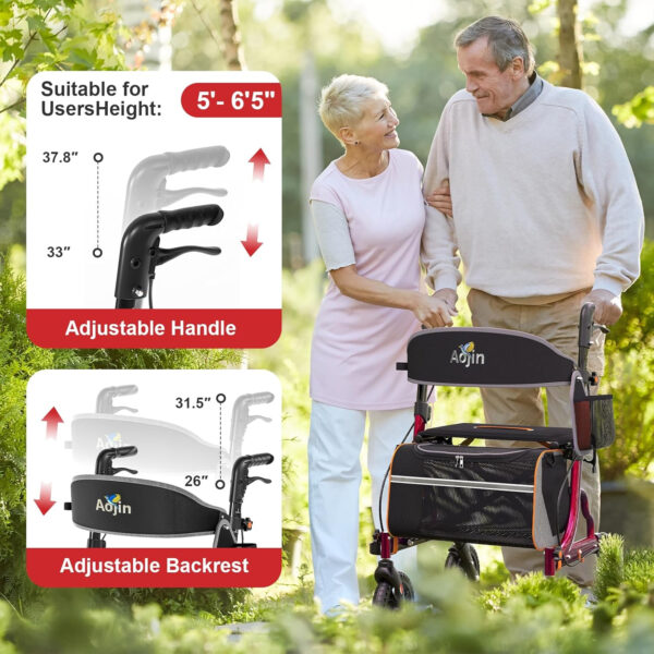 Rollator Walkers for Seniors with Seat, Foldable Walkers for Seniors, 8″ All-Terrain Wheels, 18″ Big Seat, 6-Level Adjustable Height Rolling Walker, 350 lb, Walker for Seniors & Adults (Burgundy)