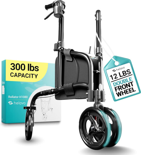 Helavo 3 Wheel Rollator Walker for Seniors, 3 x More Stable, 8″ Wheels – Ultra Lightweight Foldable Narrow Walker for Small Spaces, Aluminum Three Wheel Mobility Aid for Indoors and Outdoors