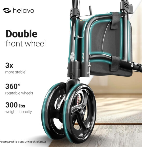 Helavo 3 Wheel Rollator Walker for Seniors, 3 x More Stable, 8″ Wheels – Ultra Lightweight Foldable Narrow Walker for Small Spaces, Aluminum Three Wheel Mobility Aid for Indoors and Outdoors