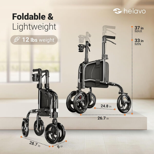 Helavo 3 Wheel Rollator Walker for Seniors, 3 x More Stable, 8″ Wheels – Ultra Lightweight Foldable Narrow Walker for Small Spaces, Aluminum Three Wheel Mobility Aid for Indoors and Outdoors