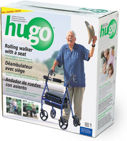Hugo Mobility Portable Rollator Walker with Seat, Backrest and 8 Inch Wheels, Blue