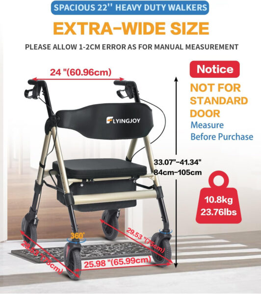 Rollator Walker with Seat,450Lb Rolling Walker, Extra-Wide Heavy-Duty Rollator Walker with Seat and Brakes for Seniors and Adults Bariatric with Large Aluminum (Champagne)