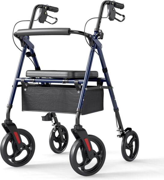 ELENKER Rollator Walker with 10” Wheels, Sponge Padded Seat and Backrest, Fully Adjustment Frame for Seniors, Blue