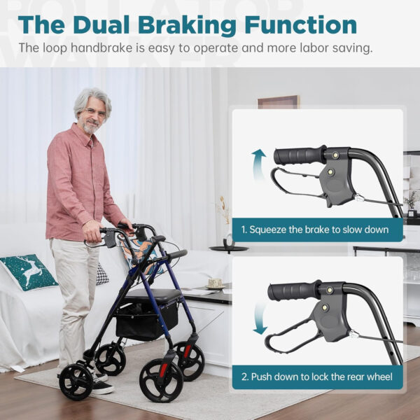ELENKER Rollator Walker with 10” Wheels, Sponge Padded Seat and Backrest, Fully Adjustment Frame for Seniors, Blue