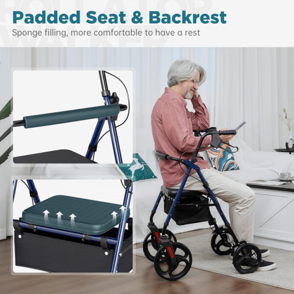 ELENKER Rollator Walker with 10” Wheels, Sponge Padded Seat and Backrest, Fully Adjustment Frame for Seniors, Blue