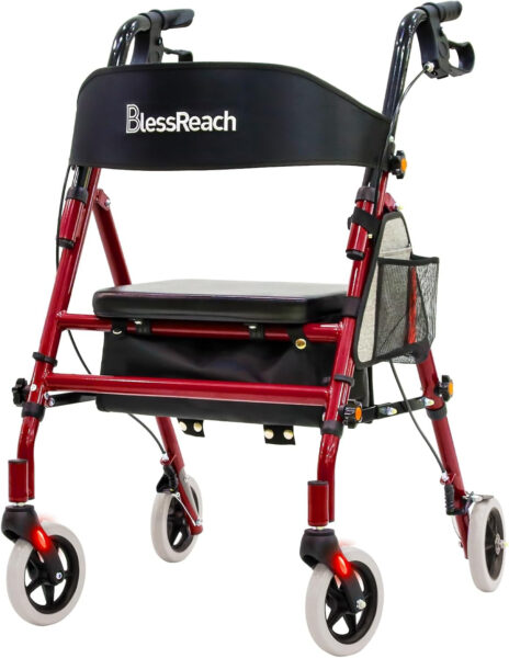 Lightweight Foldable Rollator Walkers with Seat for Seniors, 350 lb Capacity, 5-Position Adjustable Height, Premium Hybrid Rolling Walker – Aluminum and Carbon Steel (Red)