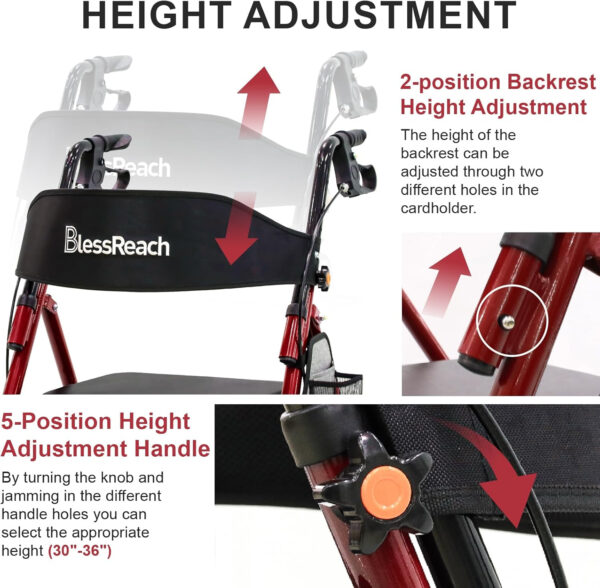Lightweight Foldable Rollator Walkers with Seat for Seniors, 350 lb Capacity, 5-Position Adjustable Height, Premium Hybrid Rolling Walker – Aluminum and Carbon Steel (Red)