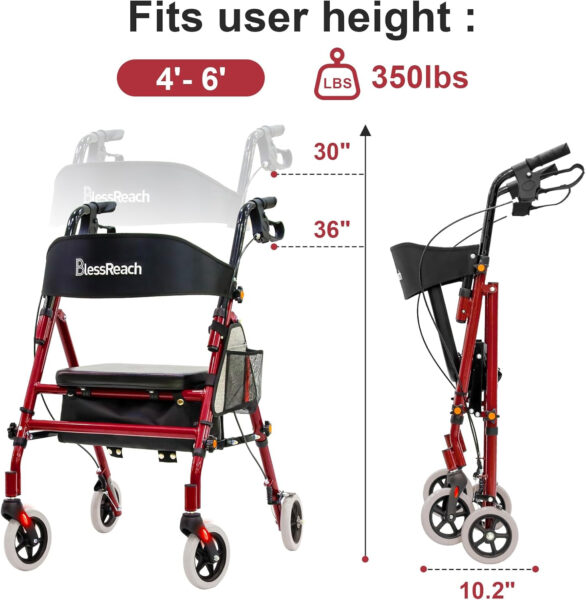 Lightweight Foldable Rollator Walkers with Seat for Seniors, 350 lb Capacity, 5-Position Adjustable Height, Premium Hybrid Rolling Walker – Aluminum and Carbon Steel (Red)
