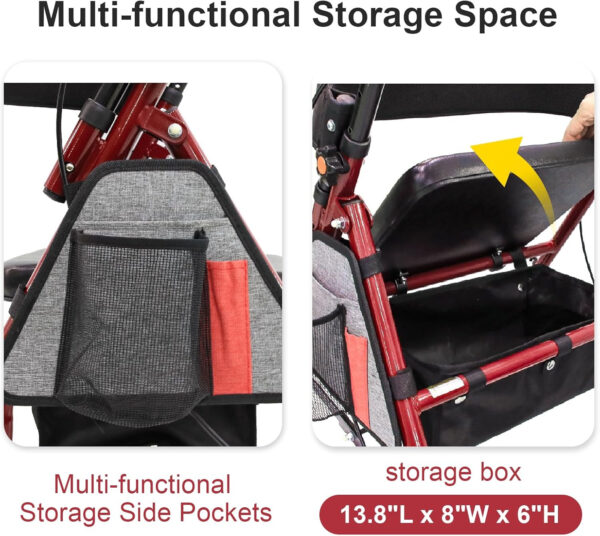 Lightweight Foldable Rollator Walkers with Seat for Seniors, 350 lb Capacity, 5-Position Adjustable Height, Premium Hybrid Rolling Walker – Aluminum and Carbon Steel (Red)