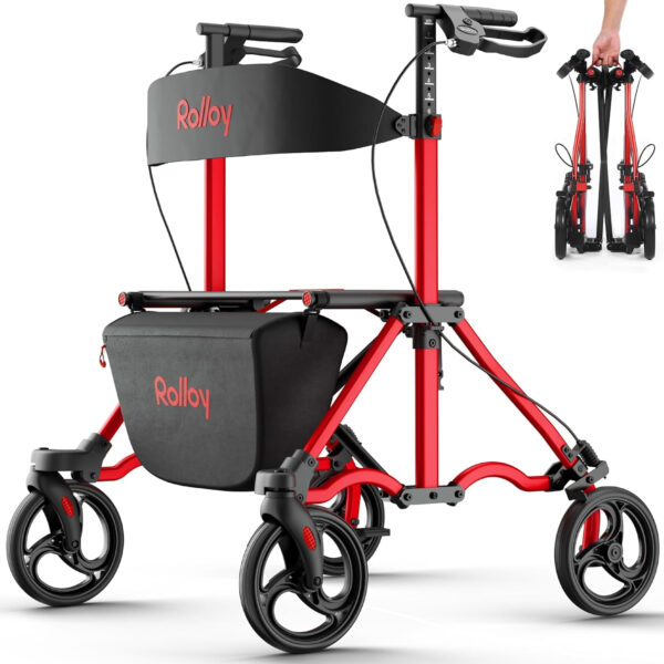 Rollator Walkers for Seniors with Seat, Aluminum Ultra-Compact Travel Rolling Walker, 350lbs Capacity, 22″ Extra-Wide Seat, Heavy-Duty, Easy Folding, Height Adjustable for Tall over 6ft, 8″ Big Wheels