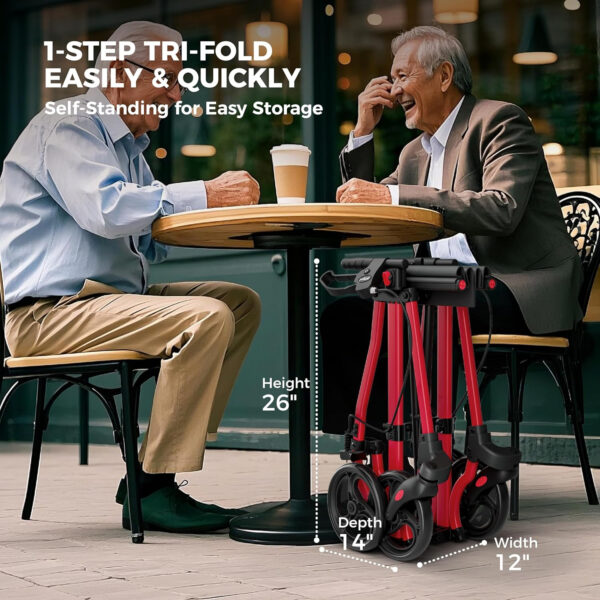 Rollator Walkers for Seniors with Seat, Aluminum Ultra-Compact Travel Rolling Walker, 350lbs Capacity, 22″ Extra-Wide Seat, Heavy-Duty, Easy Folding, Height Adjustable for Tall over 6ft, 8″ Big Wheels